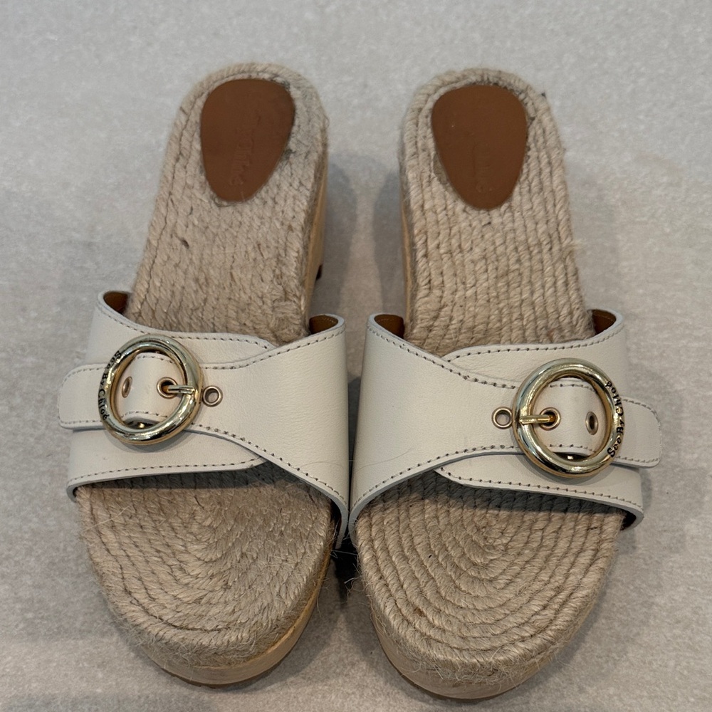 See By Chloe Cream Espadrille Slides with Gold Buckle